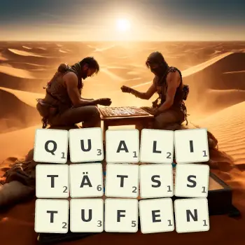 Kreative Illustration für ein Scrabble-Spiel, bei dem das Wort QUALITÄTSSTUFEN mit Steinen auf dem Brett gelegt wurde.