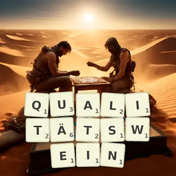 Kreative Illustration für ein Scrabble-Spiel, bei dem das Wort QUALITÄTSWEIN mit Steinen auf dem Brett gelegt wurde.