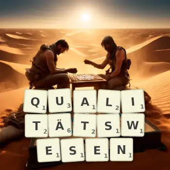 Kreative Illustration für ein Scrabble-Spiel, bei dem das Wort QUALITÄTSWESEN mit Steinen auf dem Brett gelegt wurde.