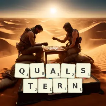 Kreative Illustration für ein Scrabble-Spiel, bei dem das Wort QUALSTERN mit Steinen auf dem Brett gelegt wurde.