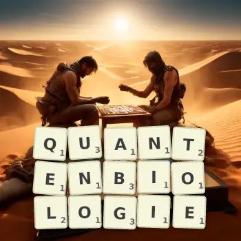 Kreative Illustration für ein Scrabble-Spiel, bei dem das Wort QUANTENBIOLOGIE mit Steinen auf dem Brett gelegt wurde.