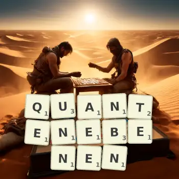 Kreative Illustration für ein Scrabble-Spiel, bei dem das Wort QUANTENEBENEN mit Steinen auf dem Brett gelegt wurde.