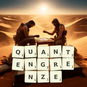 Kreative Illustration für ein Scrabble-Spiel, bei dem das Wort QUANTENGRENZE mit Steinen auf dem Brett gelegt wurde.