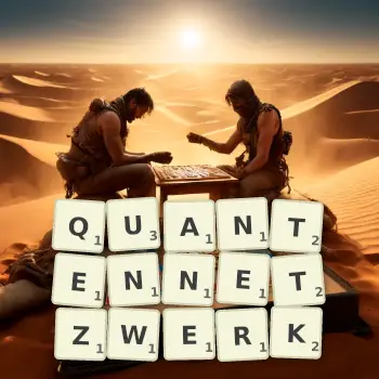 Kreative Illustration für ein Scrabble-Spiel, bei dem das Wort QUANTENNETZWERK mit Steinen auf dem Brett gelegt wurde.