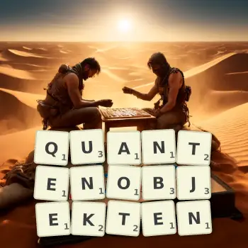 Kreative Illustration für ein Scrabble-Spiel, bei dem das Wort QUANTENOBJEKTEN mit Steinen auf dem Brett gelegt wurde.