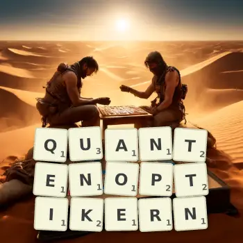 Kreative Illustration für ein Scrabble-Spiel, bei dem das Wort QUANTENOPTIKERN mit Steinen auf dem Brett gelegt wurde.
