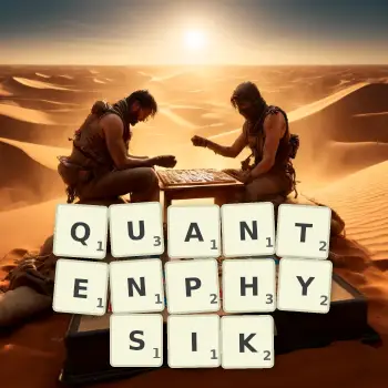 Kreative Illustration für ein Scrabble-Spiel, bei dem das Wort QUANTENPHYSIK mit Steinen auf dem Brett gelegt wurde.