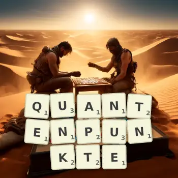 Kreative Illustration für ein Scrabble-Spiel, bei dem das Wort QUANTENPUNKTE mit Steinen auf dem Brett gelegt wurde.