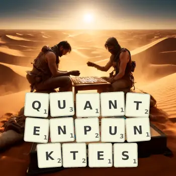 Kreative Illustration für ein Scrabble-Spiel, bei dem das Wort QUANTENPUNKTES mit Steinen auf dem Brett gelegt wurde.