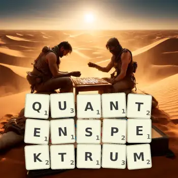 Kreative Illustration für ein Scrabble-Spiel, bei dem das Wort QUANTENSPEKTRUM mit Steinen auf dem Brett gelegt wurde.