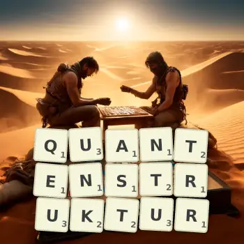 Kreative Illustration für ein Scrabble-Spiel, bei dem das Wort QUANTENSTRUKTUR mit Steinen auf dem Brett gelegt wurde.