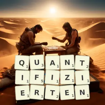 Kreative Illustration für ein Scrabble-Spiel, bei dem das Wort QUANTIFIZIERTEN mit Steinen auf dem Brett gelegt wurde.