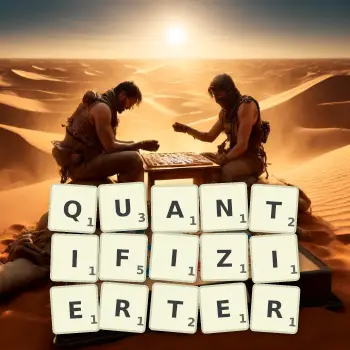Kreative Illustration für ein Scrabble-Spiel, bei dem das Wort QUANTIFIZIERTER mit Steinen auf dem Brett gelegt wurde.