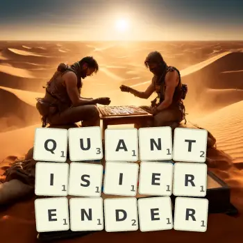 Kreative Illustration für ein Scrabble-Spiel, bei dem das Wort QUANTISIERENDER mit Steinen auf dem Brett gelegt wurde.