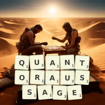 Kreative Illustration für ein Scrabble-Spiel, bei dem das Wort QUANTORAUSSAGE mit Steinen auf dem Brett gelegt wurde.