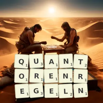 Kreative Illustration für ein Scrabble-Spiel, bei dem das Wort QUANTORENREGELN mit Steinen auf dem Brett gelegt wurde.