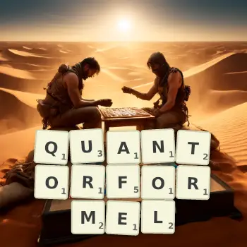 Kreative Illustration für ein Scrabble-Spiel, bei dem das Wort QUANTORFORMEL mit Steinen auf dem Brett gelegt wurde.