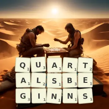 Kreative Illustration für ein Scrabble-Spiel, bei dem das Wort QUARTALSBEGINNS mit Steinen auf dem Brett gelegt wurde.