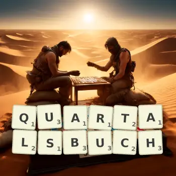 Kreative Illustration für ein Scrabble-Spiel, bei dem das Wort QUARTALSBUCH mit Steinen auf dem Brett gelegt wurde.