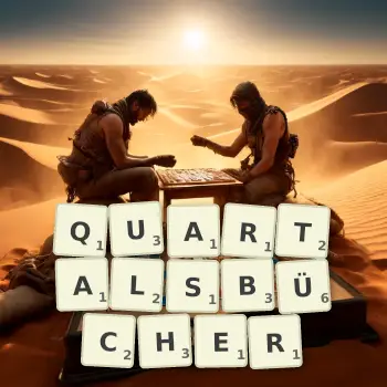 Kreative Illustration für ein Scrabble-Spiel, bei dem das Wort QUARTALSBÜCHER mit Steinen auf dem Brett gelegt wurde.