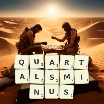 Kreative Illustration für ein Scrabble-Spiel, bei dem das Wort QUARTALSMINUS mit Steinen auf dem Brett gelegt wurde.