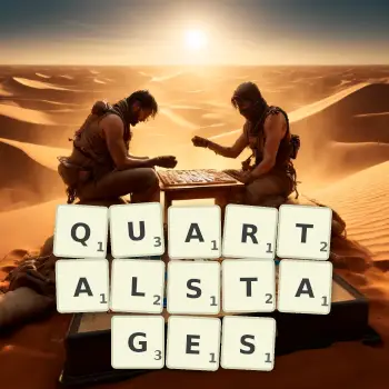 Kreative Illustration für ein Scrabble-Spiel, bei dem das Wort QUARTALSTAGES mit Steinen auf dem Brett gelegt wurde.