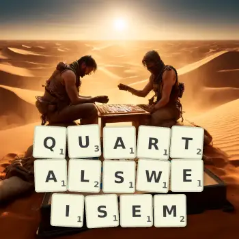 Kreative Illustration für ein Scrabble-Spiel, bei dem das Wort QUARTALSWEISEM mit Steinen auf dem Brett gelegt wurde.