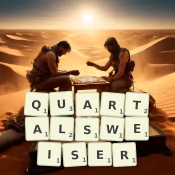 Kreative Illustration für ein Scrabble-Spiel, bei dem das Wort QUARTALSWEISER mit Steinen auf dem Brett gelegt wurde.