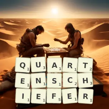 Kreative Illustration für ein Scrabble-Spiel, bei dem das Wort QUARTENSCHIEFER mit Steinen auf dem Brett gelegt wurde.