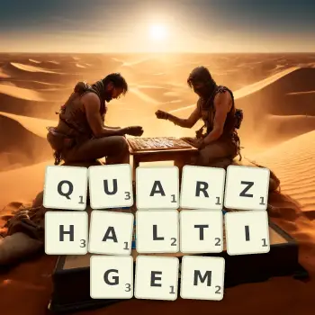 Kreative Illustration für ein Scrabble-Spiel, bei dem das Wort QUARZHALTIGEM mit Steinen auf dem Brett gelegt wurde.