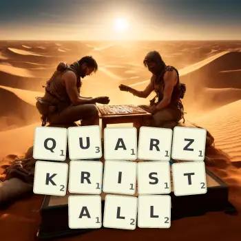 Kreative Illustration für ein Scrabble-Spiel, bei dem das Wort QUARZKRISTALL mit Steinen auf dem Brett gelegt wurde.