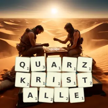 Kreative Illustration für ein Scrabble-Spiel, bei dem das Wort QUARZKRISTALLE mit Steinen auf dem Brett gelegt wurde.