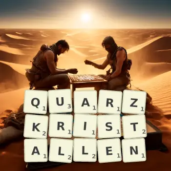 Kreative Illustration für ein Scrabble-Spiel, bei dem das Wort QUARZKRISTALLEN mit Steinen auf dem Brett gelegt wurde.