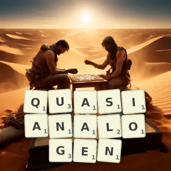 Kreative Illustration für ein Scrabble-Spiel, bei dem das Wort QUASIANALOGEN mit Steinen auf dem Brett gelegt wurde.