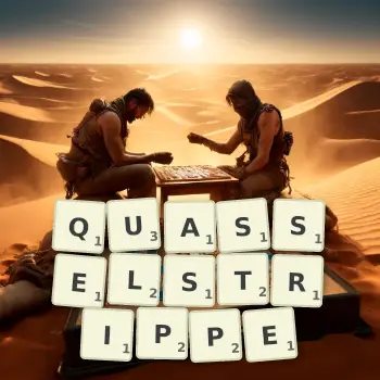 Kreative Illustration für ein Scrabble-Spiel, bei dem das Wort QUASSELSTRIPPE mit Steinen auf dem Brett gelegt wurde.