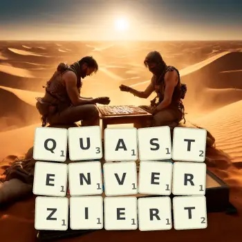 Kreative Illustration für ein Scrabble-Spiel, bei dem das Wort QUASTENVERZIERT mit Steinen auf dem Brett gelegt wurde.