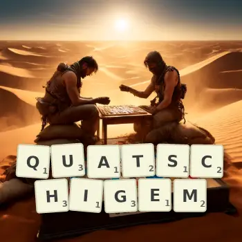 Kreative Illustration für ein Scrabble-Spiel, bei dem das Wort QUATSCHIGEM mit Steinen auf dem Brett gelegt wurde.