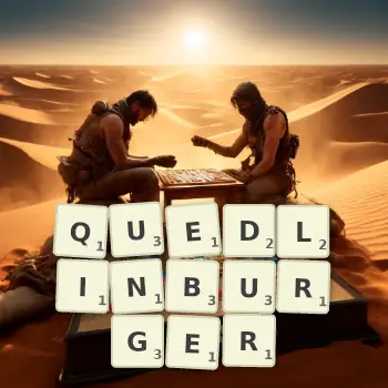Kreative Illustration für ein Scrabble-Spiel, bei dem das Wort QUEDLINBURGER mit Steinen auf dem Brett gelegt wurde.