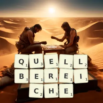 Kreative Illustration für ein Scrabble-Spiel, bei dem das Wort QUELLBEREICHE mit Steinen auf dem Brett gelegt wurde.