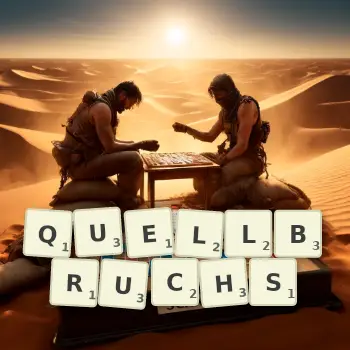 Kreative Illustration für ein Scrabble-Spiel, bei dem das Wort QUELLBRUCHS mit Steinen auf dem Brett gelegt wurde.