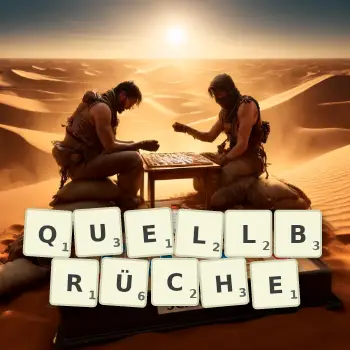 Kreative Illustration für ein Scrabble-Spiel, bei dem das Wort QUELLBRÜCHE mit Steinen auf dem Brett gelegt wurde.