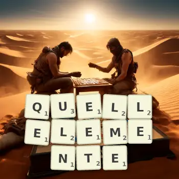 Kreative Illustration für ein Scrabble-Spiel, bei dem das Wort QUELLELEMENTE mit Steinen auf dem Brett gelegt wurde.