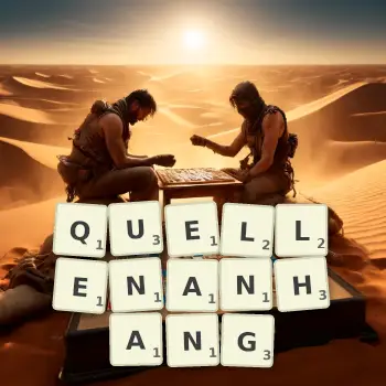 Kreative Illustration für ein Scrabble-Spiel, bei dem das Wort QUELLENANHANG mit Steinen auf dem Brett gelegt wurde.
