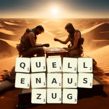 Kreative Illustration für ein Scrabble-Spiel, bei dem das Wort QUELLENAUSZUG mit Steinen auf dem Brett gelegt wurde.