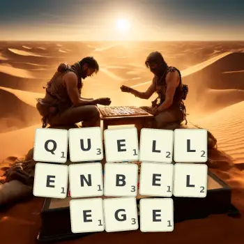 Kreative Illustration für ein Scrabble-Spiel, bei dem das Wort QUELLENBELEGE mit Steinen auf dem Brett gelegt wurde.