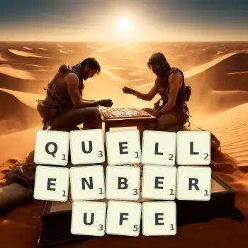 Kreative Illustration für ein Scrabble-Spiel, bei dem das Wort QUELLENBERUFE mit Steinen auf dem Brett gelegt wurde.