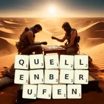 Kreative Illustration für ein Scrabble-Spiel, bei dem das Wort QUELLENBERUFEN mit Steinen auf dem Brett gelegt wurde.