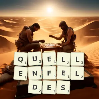 Kreative Illustration für ein Scrabble-Spiel, bei dem das Wort QUELLENFELDES mit Steinen auf dem Brett gelegt wurde.