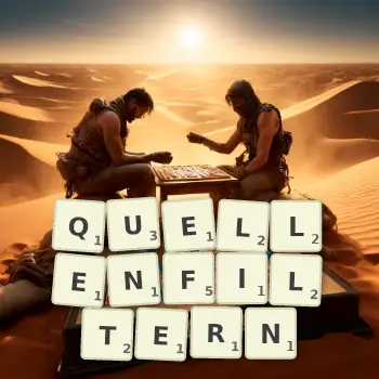 Kreative Illustration für ein Scrabble-Spiel, bei dem das Wort QUELLENFILTERN mit Steinen auf dem Brett gelegt wurde.