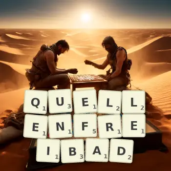 Kreative Illustration für ein Scrabble-Spiel, bei dem das Wort QUELLENFREIBAD mit Steinen auf dem Brett gelegt wurde.